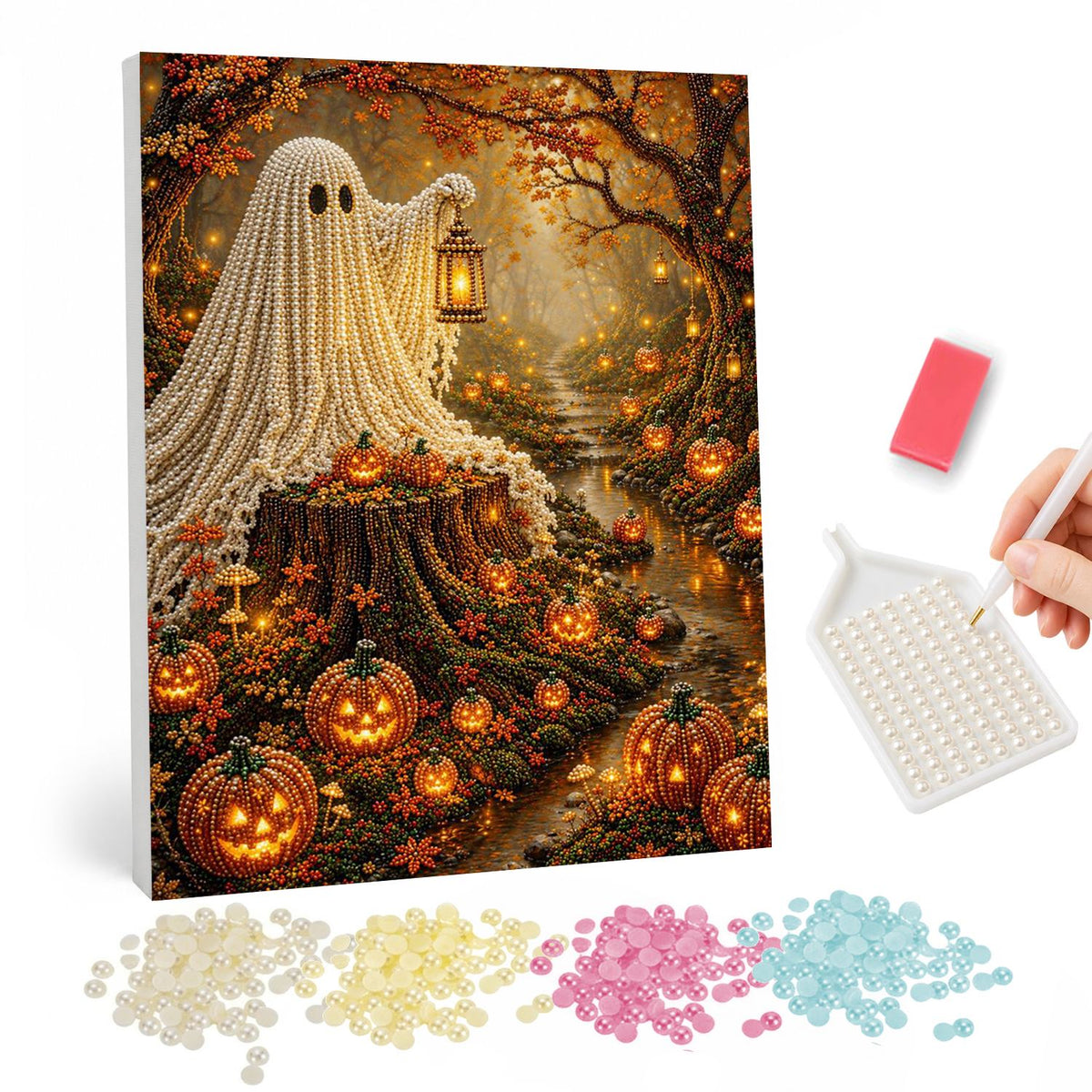 Lantern Ghost in Autumn Woods pearl painting – Sheet ghost holding a lantern in an autumn forest, a path lined with glowing jack-o'-lanterns