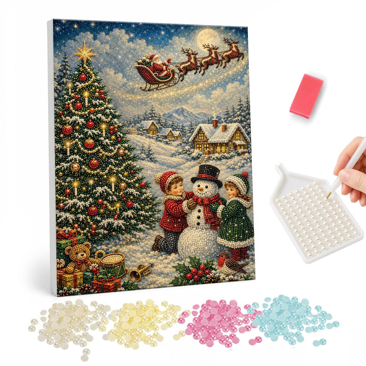 Children Building a Snowman pearl painting – Two children building a snowman by a Christmas tree as Santa's sleigh crosses the moon above a village