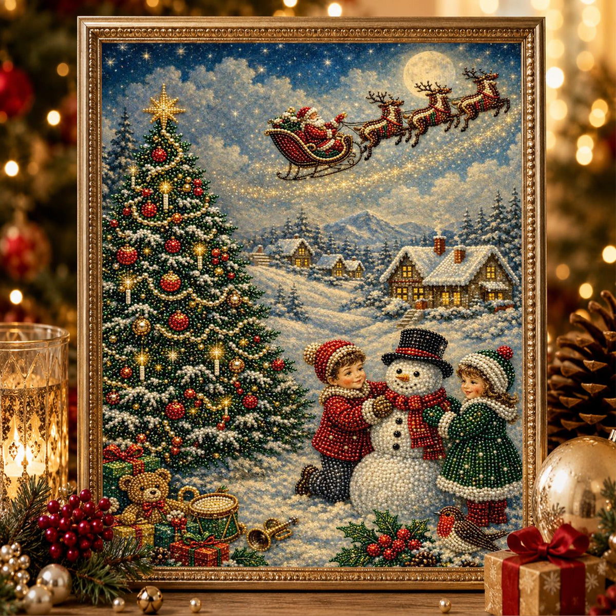 Children Building a Snowman pearl painting – image 2