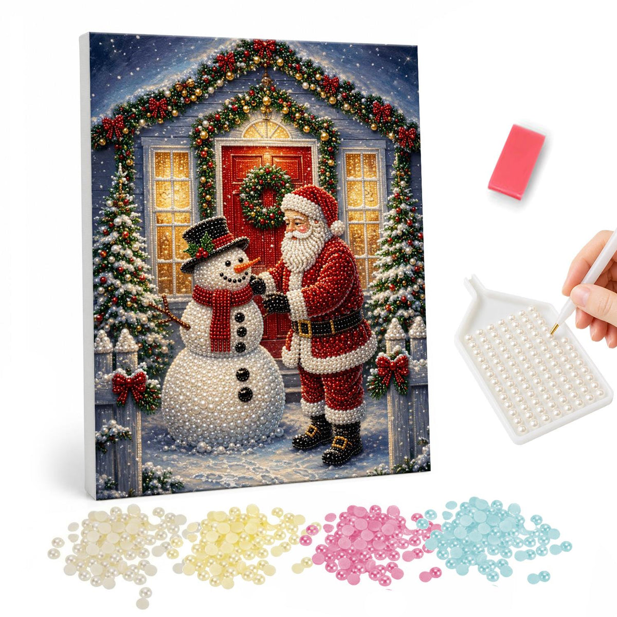 Starlit Porch Visit with Snowman pearl painting – Santa shaking hands with a top-hatted snowman at a wreathed red door under a starry night sky