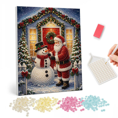 Starlit Porch Visit with Snowman pearl painting – Santa shaking hands with a top-hatted snowman at a wreathed red door under a starry night sky