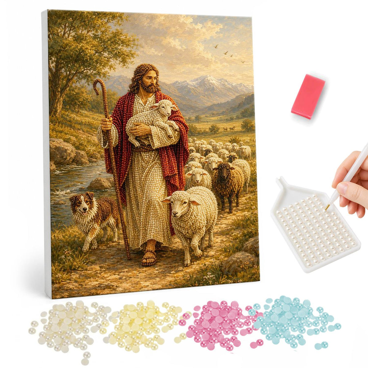 Good Shepherd in Golden Valley pearl painting – Jesus in a red cloak carrying a lamb with a crook, followed by sheep and a dog through a sunlit valley