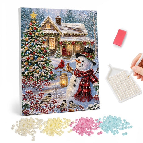 Snowman with Cardinal and Lantern pearl painting – Snowman in a top hat and plaid scarf with a lantern, cardinal and chickadees by a snowy cabin and tree