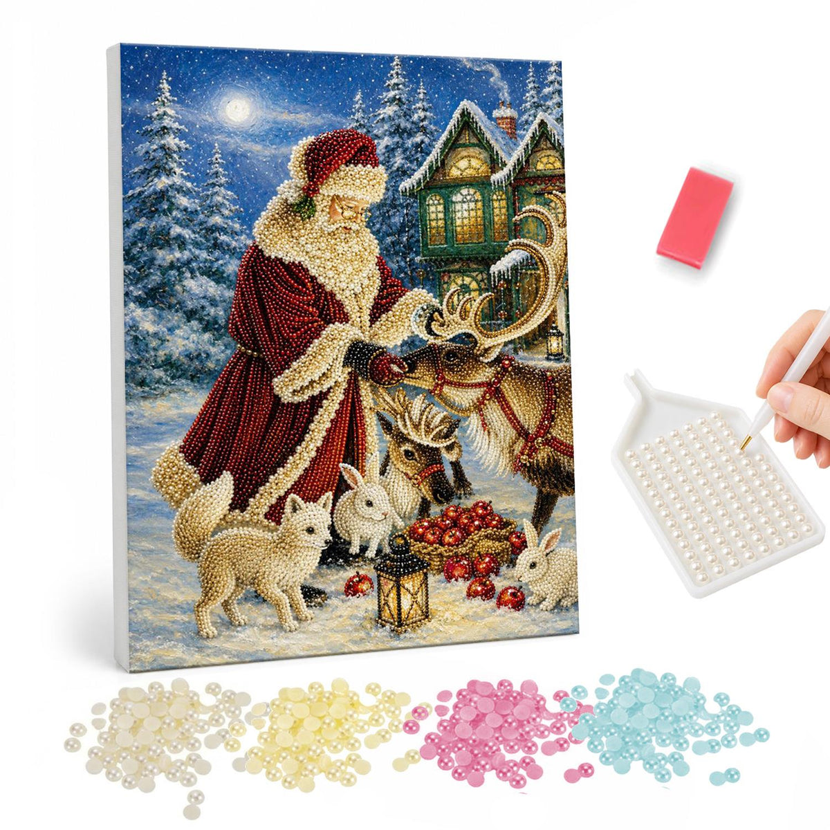 Santa Feeding His Reindeer pearl painting – Santa in a red robe feeding apples to reindeer, with a white fox and bunnies in a snowy forest at night
