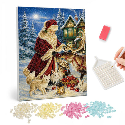 Santa Feeding His Reindeer pearl painting – Santa in a red robe feeding apples to reindeer, with a white fox and bunnies in a snowy forest at night