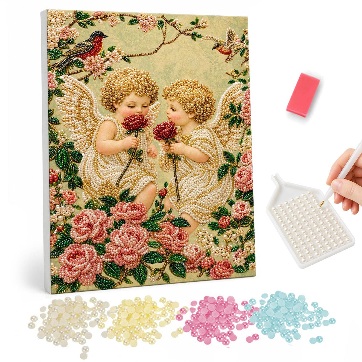 Cherubs Sharing a Red Rose pearl painting – Two curly-haired cherubs holding red roses among pink roses with small birds above