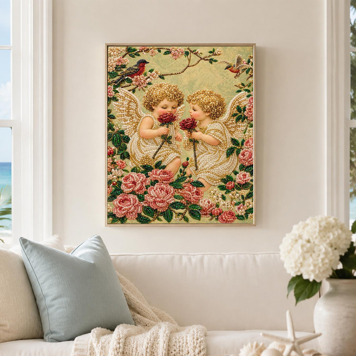 Cherubs Sharing a Red Rose pearl painting – image 3