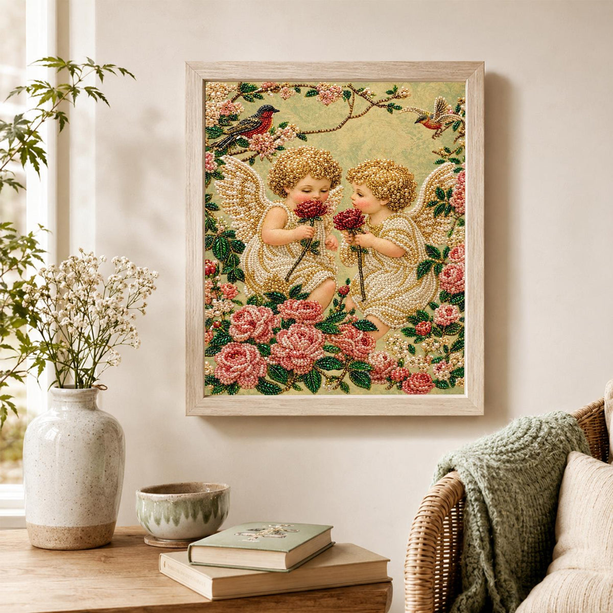 Cherubs Sharing a Red Rose pearl painting – image 4