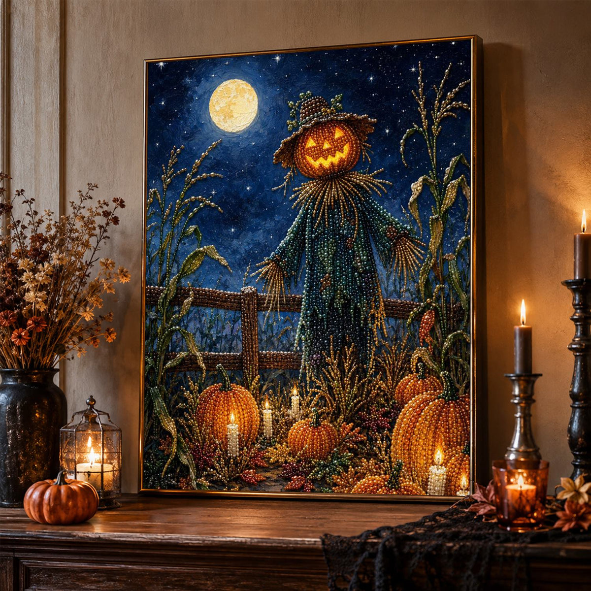 Pumpkin-Head Scarecrow at Night pearl painting – image 2