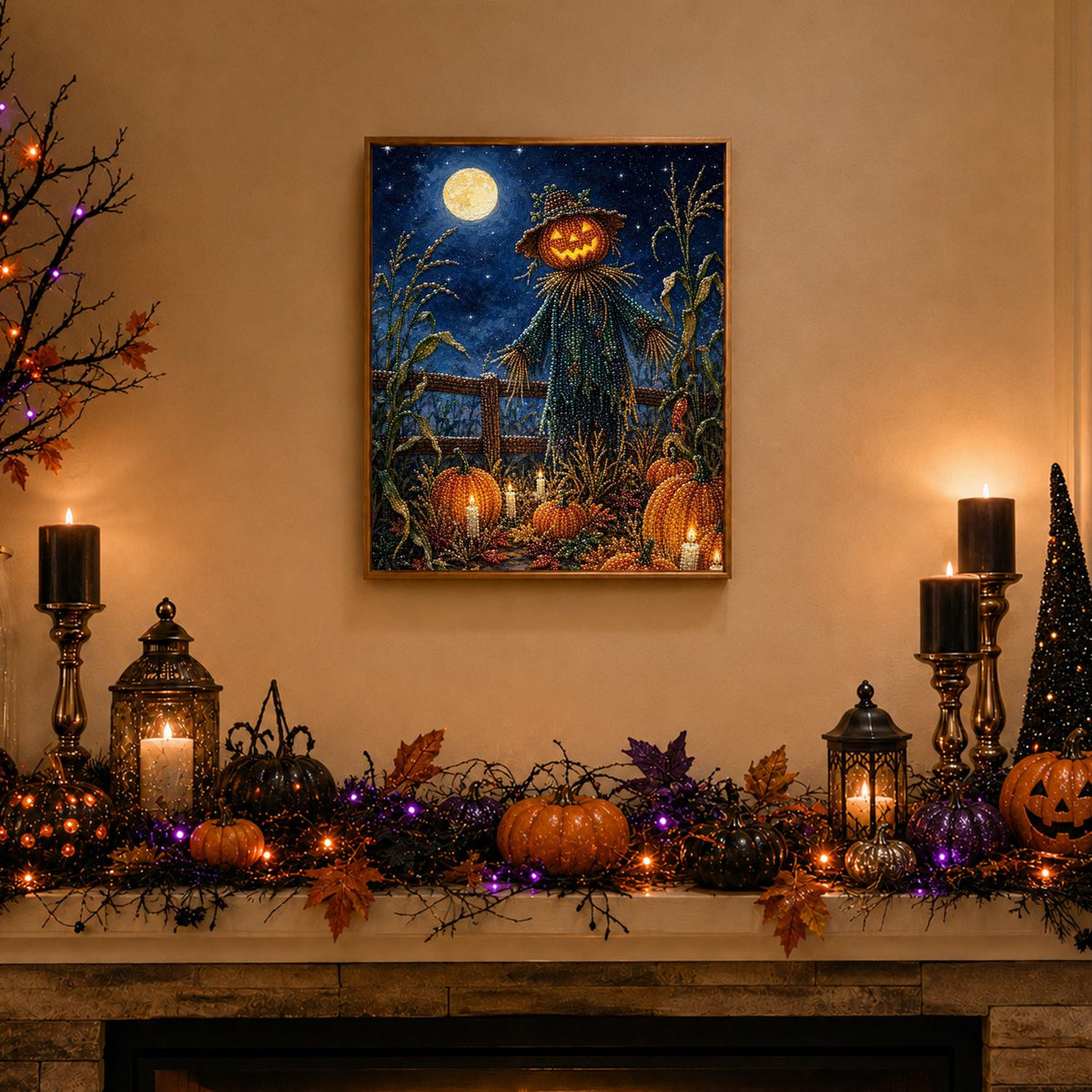 Pumpkin-Head Scarecrow at Night pearl painting – image 3