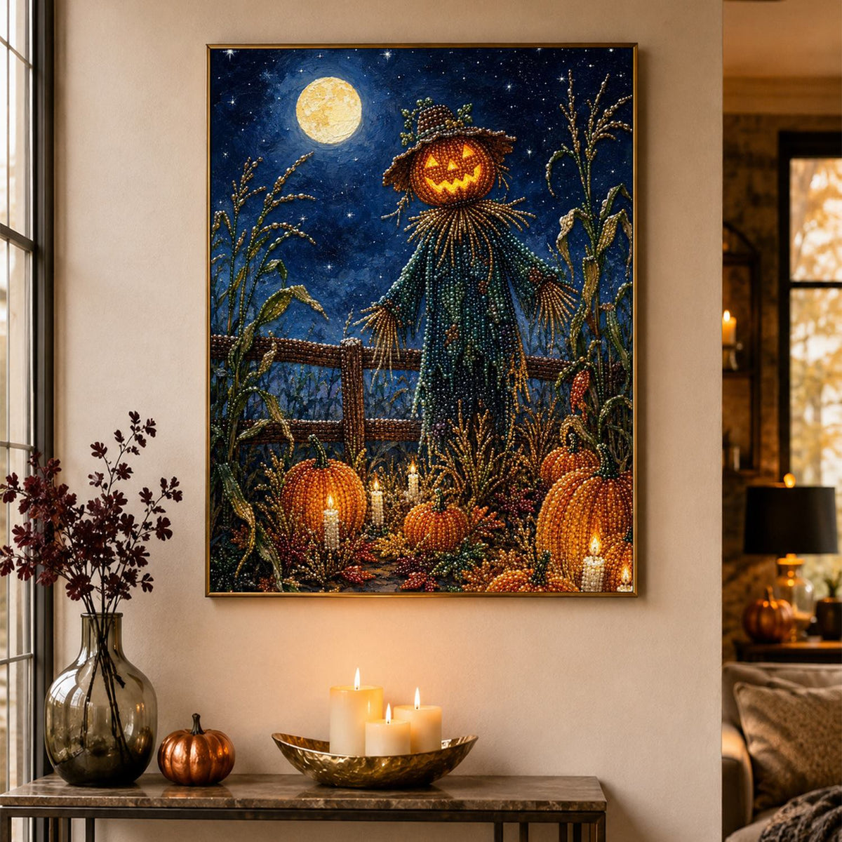 Pumpkin-Head Scarecrow at Night pearl painting – image 4