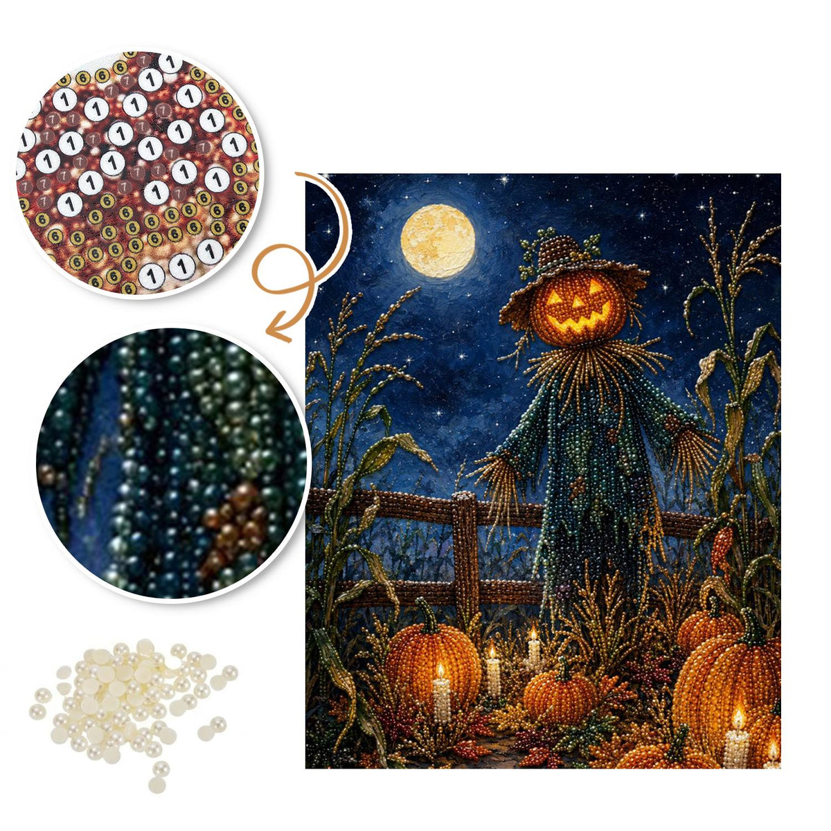 Pumpkin-Head Scarecrow at Night pearl painting – image 6