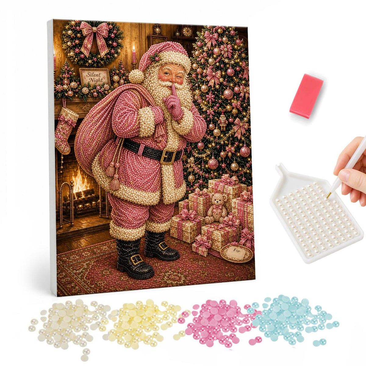 Blush Pink Santa Says Hush pearl painting – Santa in a pink suit holding a finger to his lips beside a pink tree, fireplace and pink gifts