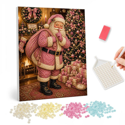 Blush Pink Santa Says Hush pearl painting – Santa in a pink suit holding a finger to his lips beside a pink tree, fireplace and pink gifts