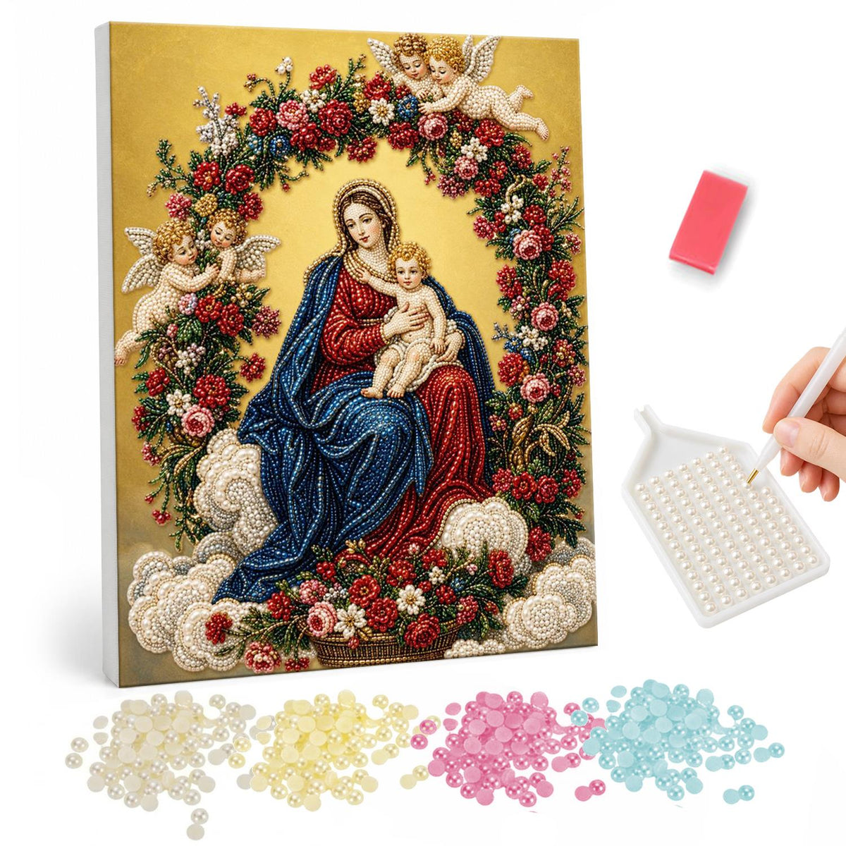 Rose-Wreathed Madonna and Child pearl painting – Mary in blue and red robes holding the infant Jesus inside a wreath of roses with cherubs on clouds