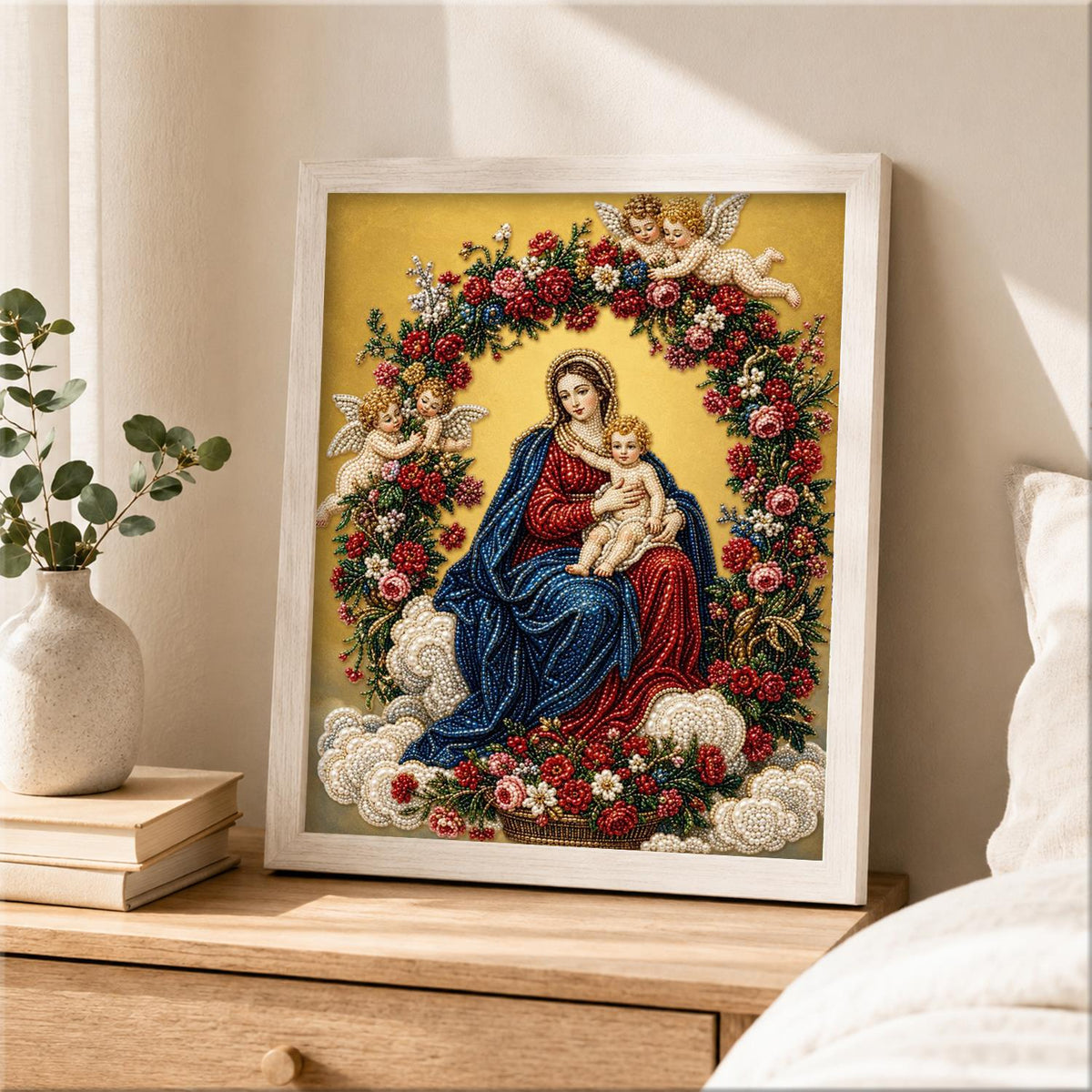 Rose-Wreathed Madonna and Child pearl painting – image 2