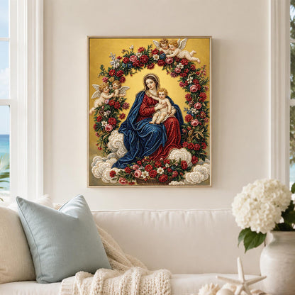Rose-Wreathed Madonna and Child pearl painting – image 3