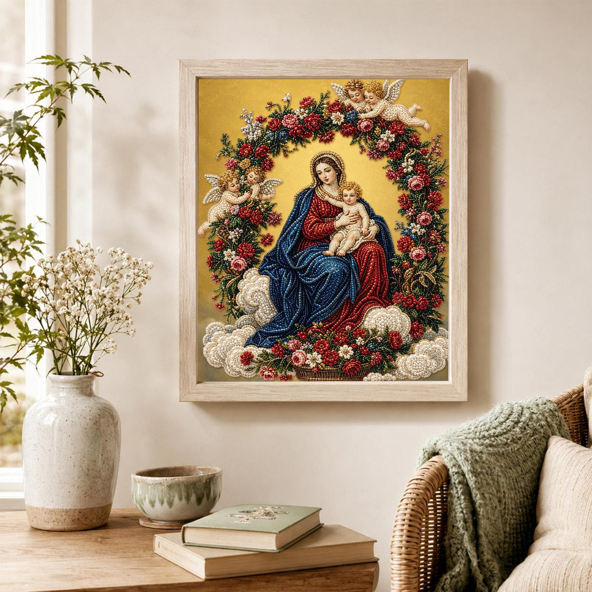 Rose-Wreathed Madonna and Child pearl painting – image 4