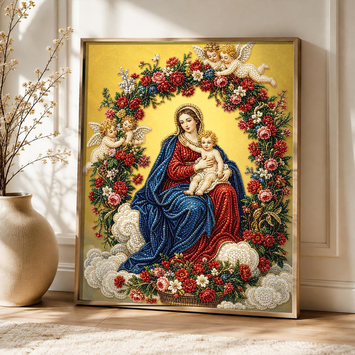 Rose-Wreathed Madonna and Child pearl painting – image 5
