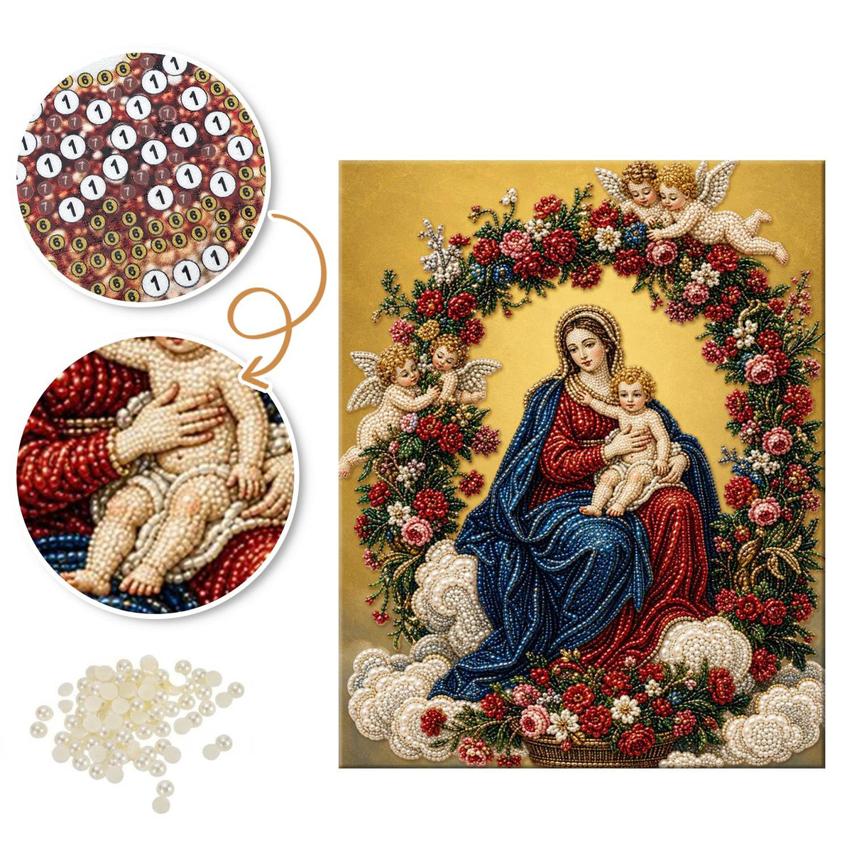 Rose-Wreathed Madonna and Child pearl painting – image 6