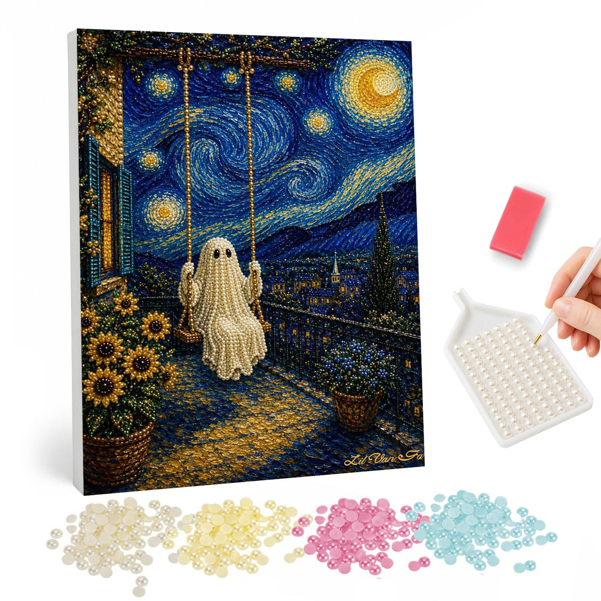 Ghost on a Swirling-Sky Swing pearl painting – Ghost sitting on a rope swing on a balcony with sunflowers beneath a swirling starry night sky