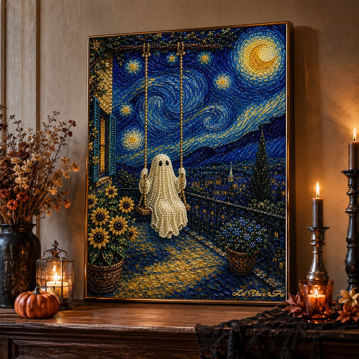 Ghost on a Swirling-Sky Swing pearl painting – image 2
