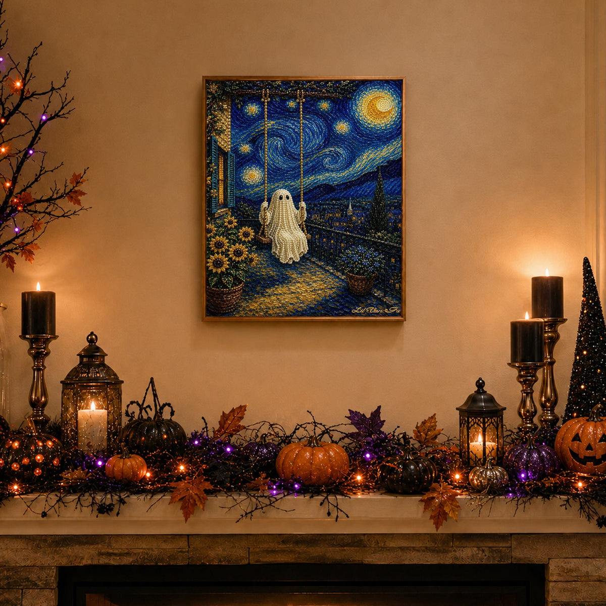 Ghost on a Swirling-Sky Swing pearl painting – image 3