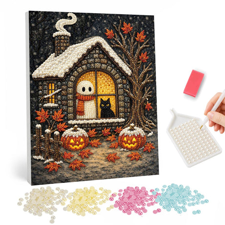 Halloween Cottage Ghost and Cat pearl painting – image 1