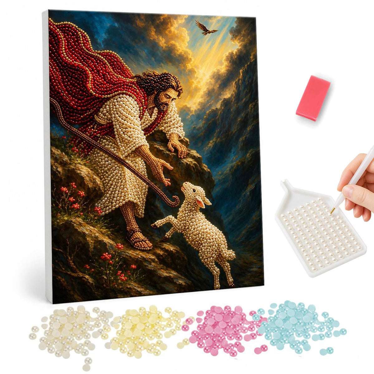 Shepherd Reaching for the Lamb pearl painting – Jesus in a billowing red cloak reaching down a rocky cliff to rescue a white lamb under a stormy sky