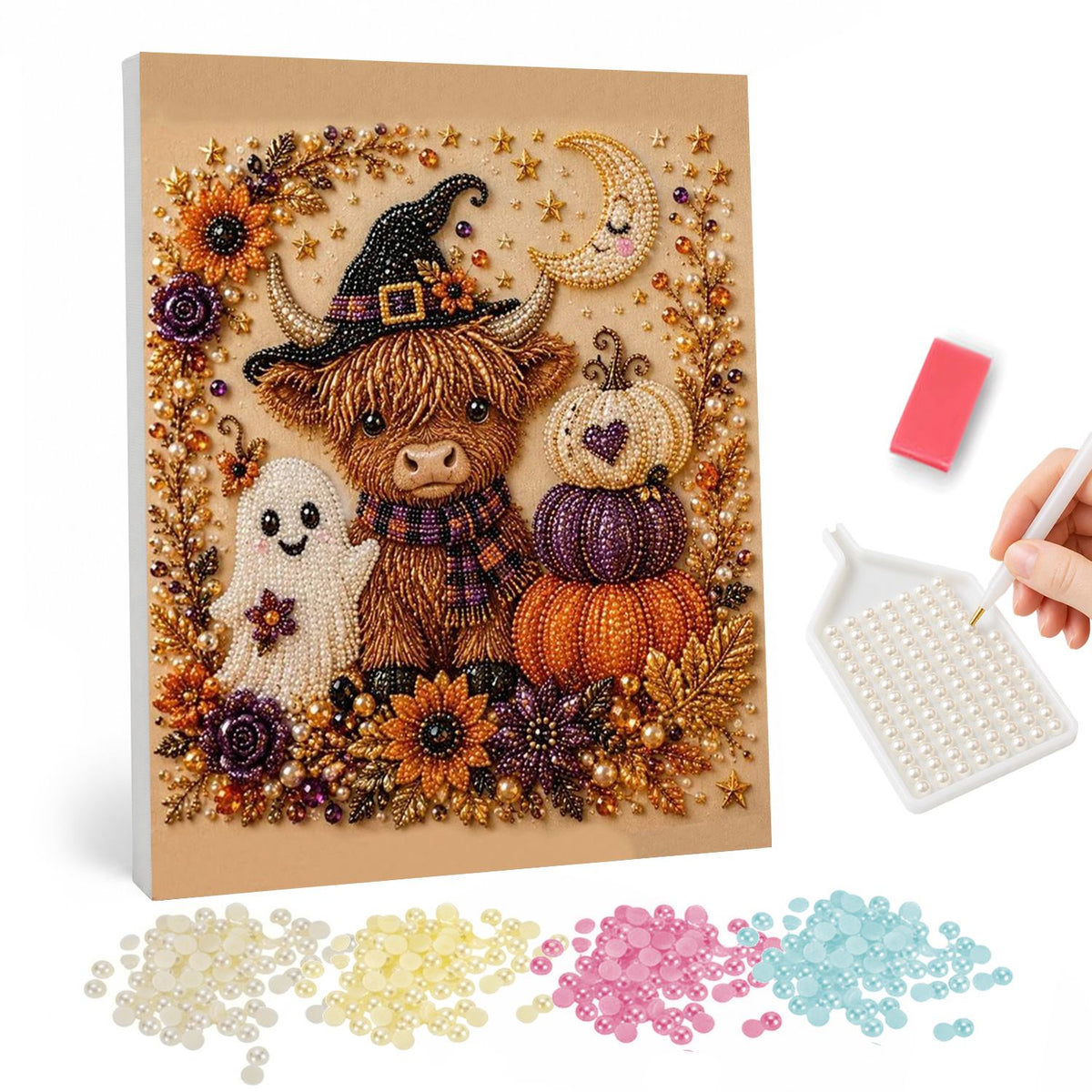 Highland Cow in a Witch Hat pearl painting – Fluffy highland cow in a witch hat and scarf beside a little ghost, pumpkins, sunflowers and a moon