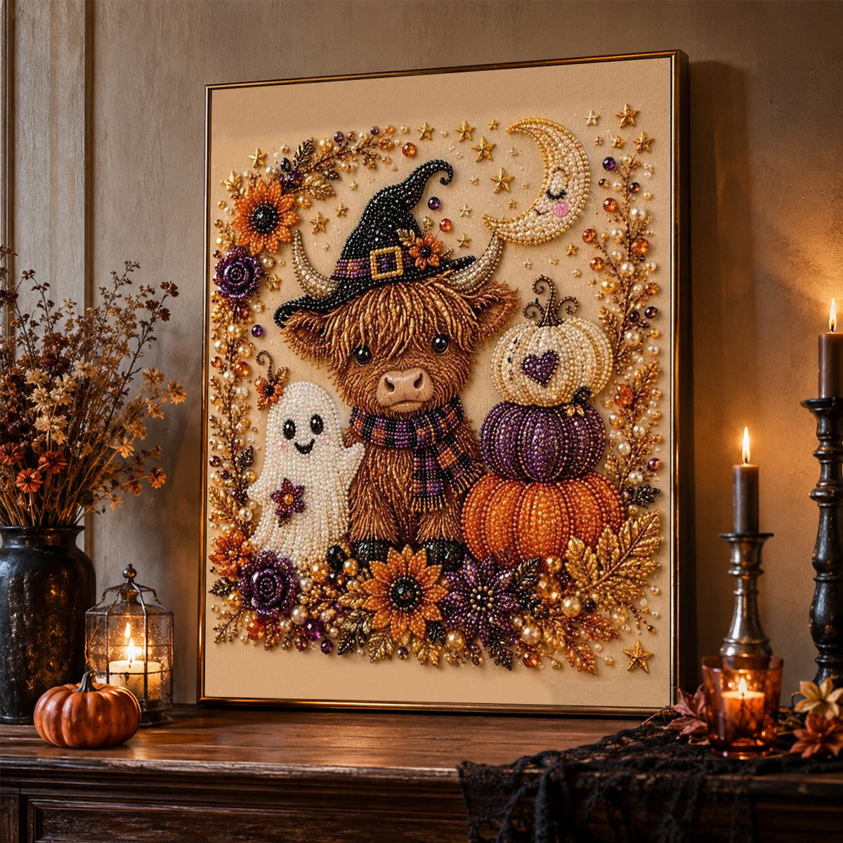 Highland Cow in a Witch Hat pearl painting – image 2