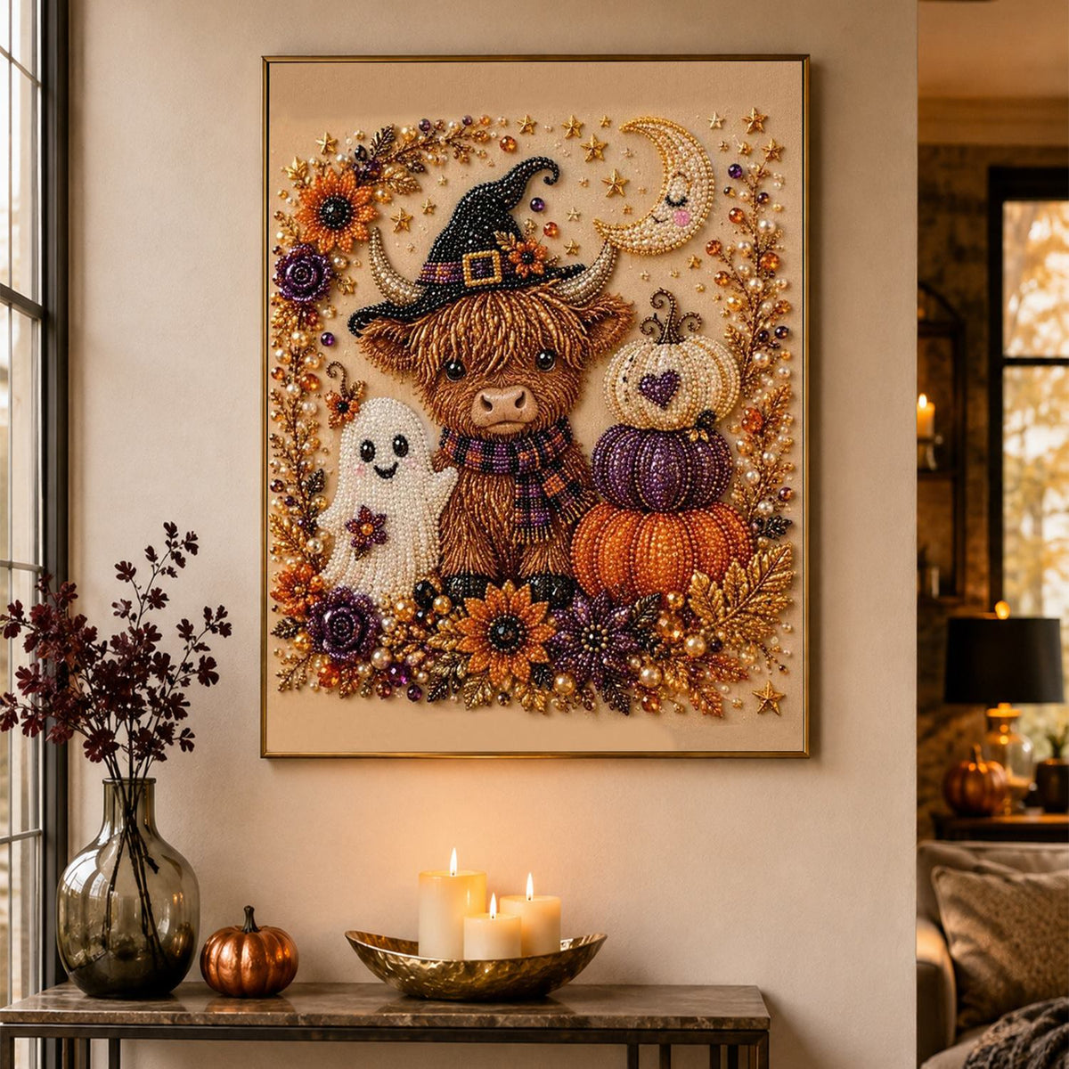 Highland Cow in a Witch Hat pearl painting – image 4