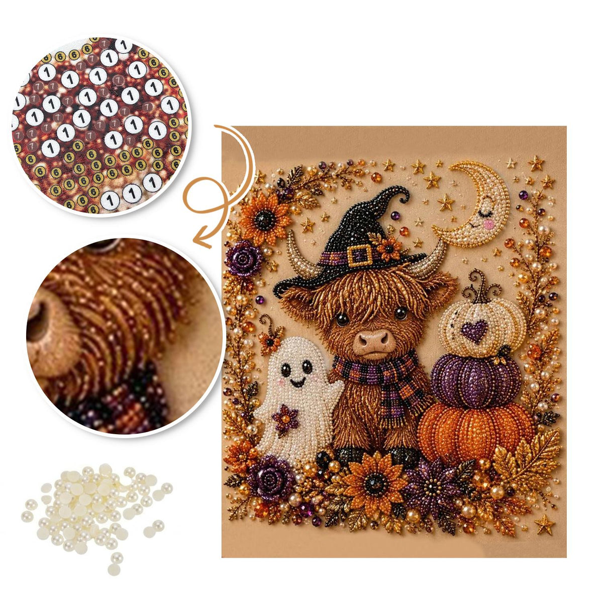Highland Cow in a Witch Hat pearl painting – image 6