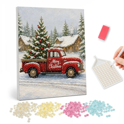 Red Truck Bringing Home the Tree pearl painting – Vintage red pickup with Merry Christmas on the door carrying a fir tree through a snowy farm