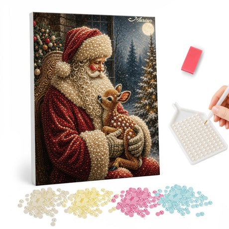 Santa Cradling a Little Fawn pearl painting – Santa in a fur-trimmed red coat cradling a spotted fawn in his arms on a snowy night