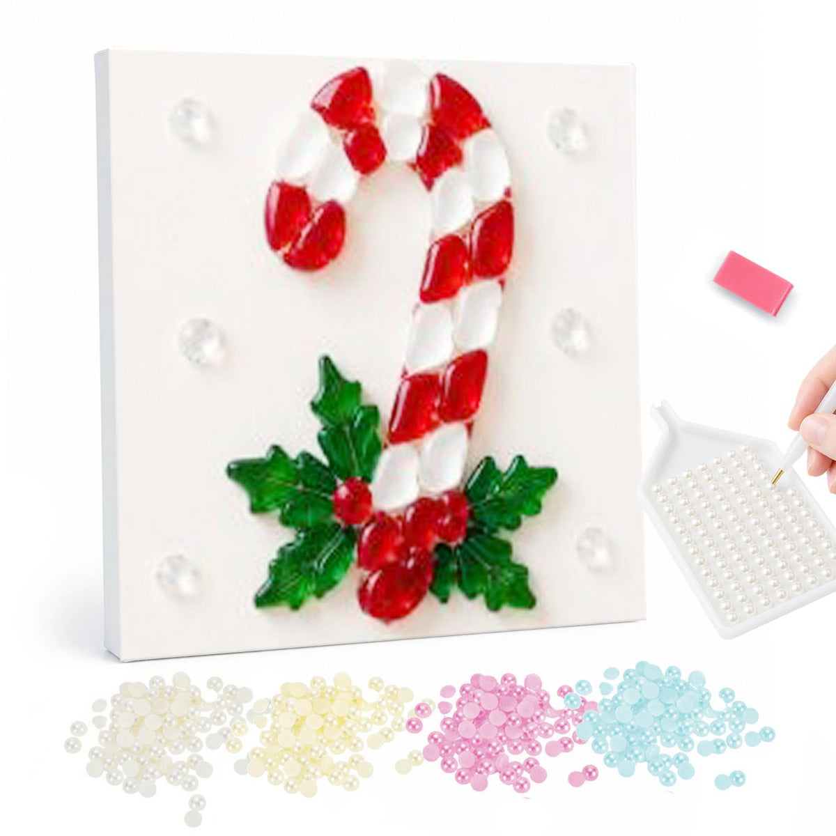 Peppermint Cane and Holly Sprig pearl painting – Red and white striped candy cane with green holly leaves and red berries on white