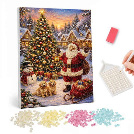 Santa with Golden Puppies pearl painting – Santa waving by a lit Christmas tree in a snowy village at sunset, with puppies, a snowman and a sled of gifts