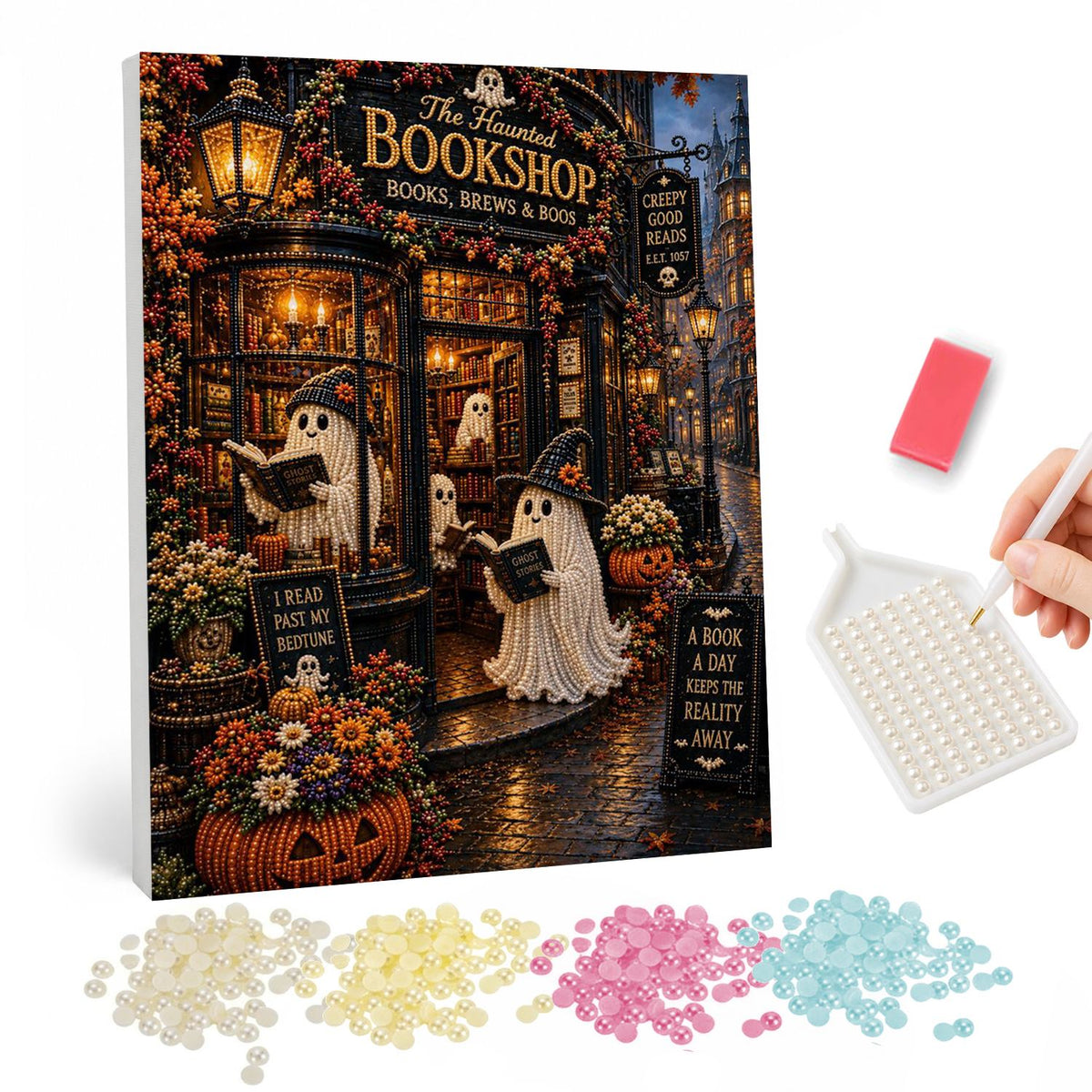 Ghosts Browsing the Bookshop pearl painting – Ghosts reading books outside a lantern-lit haunted bookshop with pumpkins and chalkboard signs
