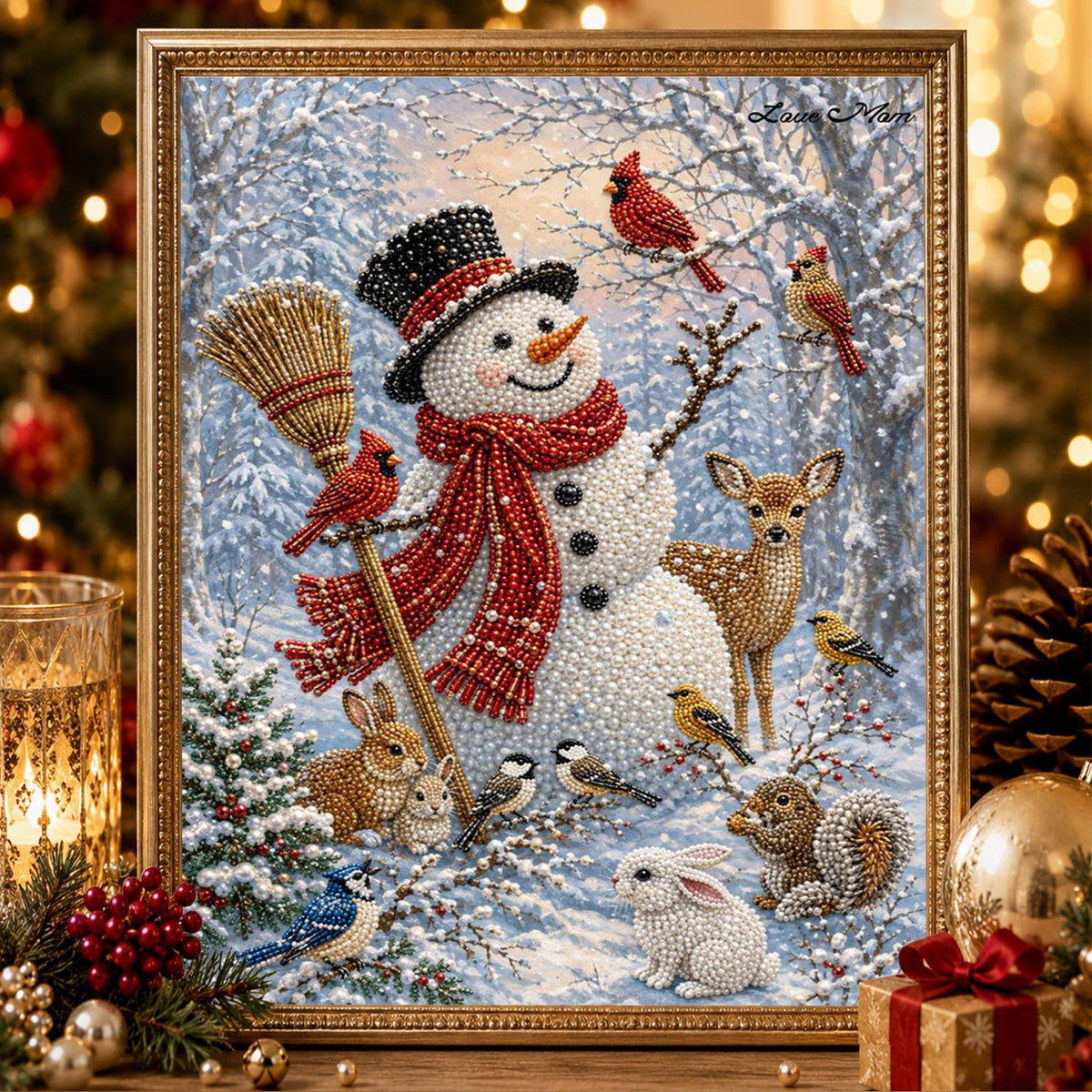 Broom-Holding Snowman and Friends pearl painting – image 2