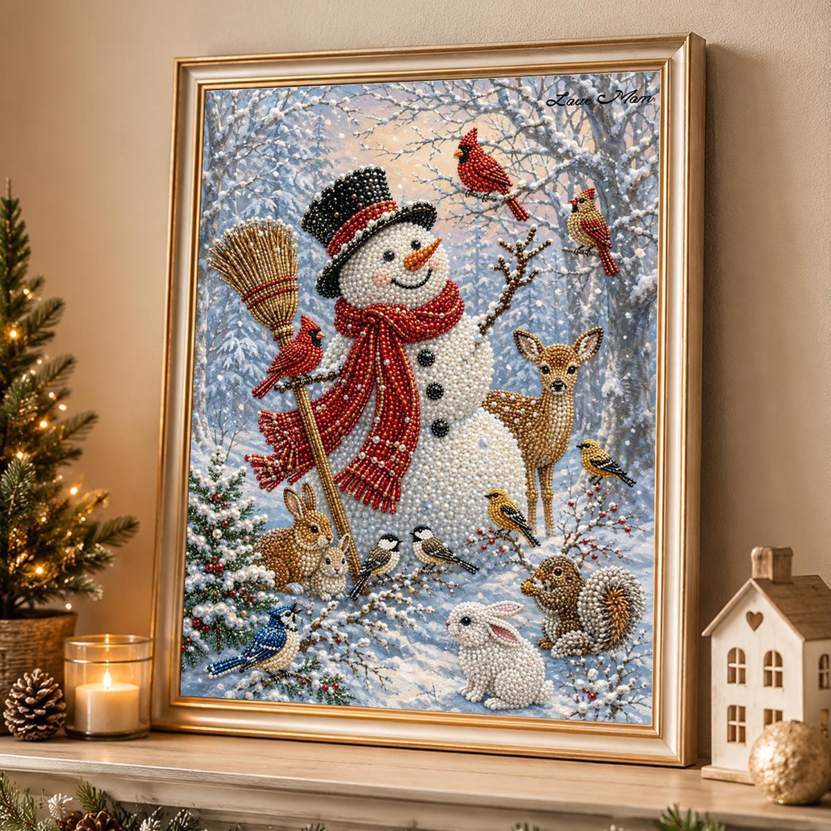 Broom-Holding Snowman and Friends pearl painting – image 4