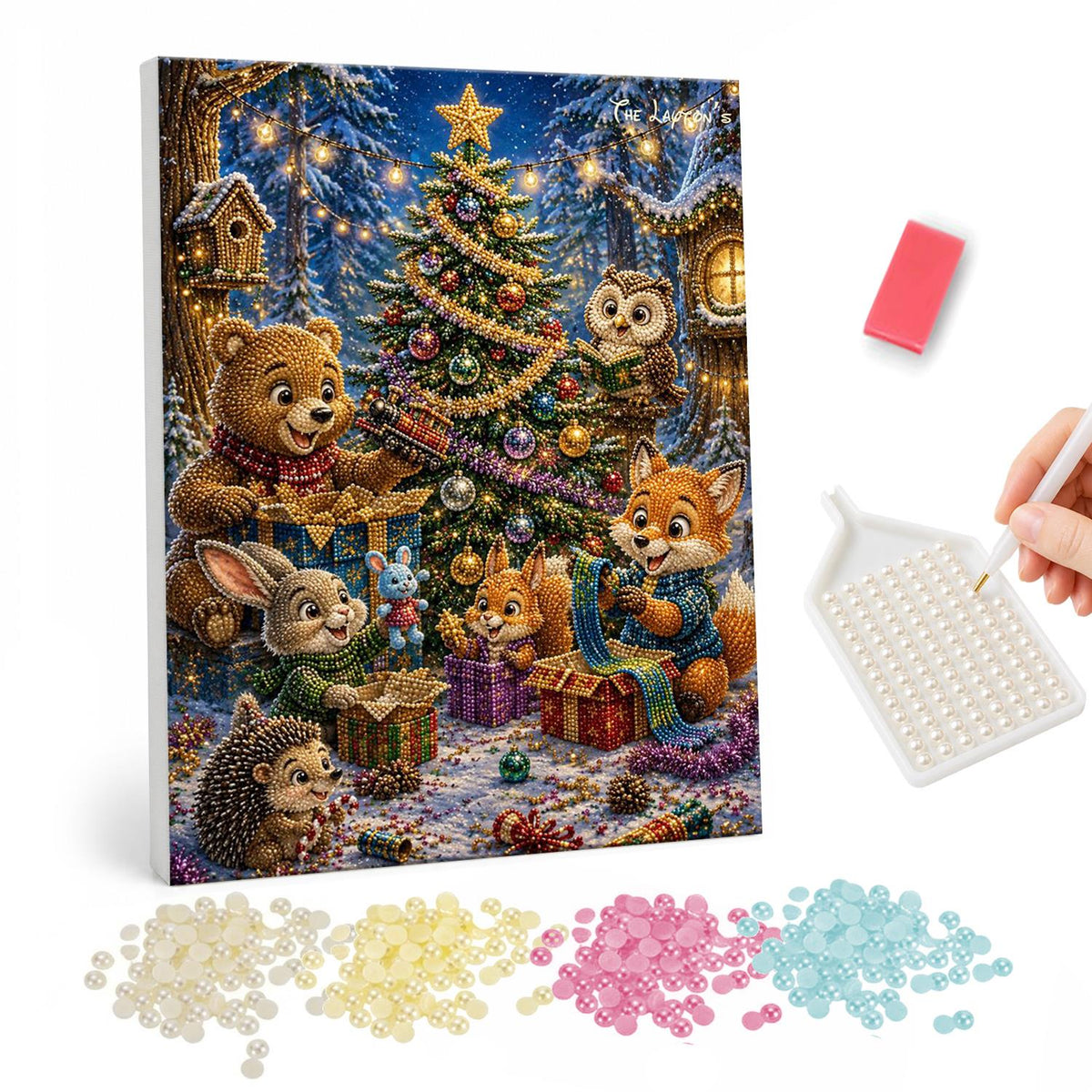 Forest Friends Opening Gifts pearl painting – Bear, fox, rabbit, owl and hedgehog opening presents around a lit Christmas tree in the woods