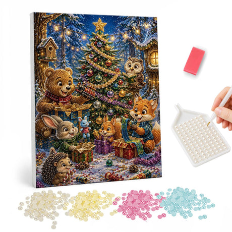 Forest Friends Opening Gifts pearl painting – Bear, fox, rabbit, owl and hedgehog opening presents around a lit Christmas tree in the woods