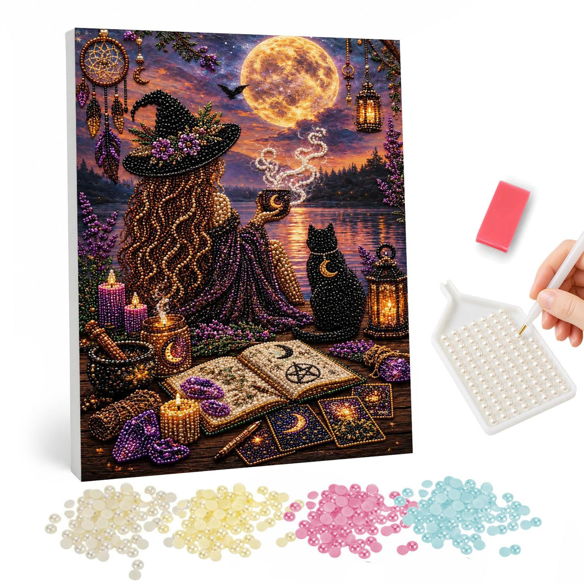 Moonlit Witch with Tarot Cards pearl painting – Curly-haired witch seen from behind with a black cat, candles, tarot cards and spell book by a moonlit lake