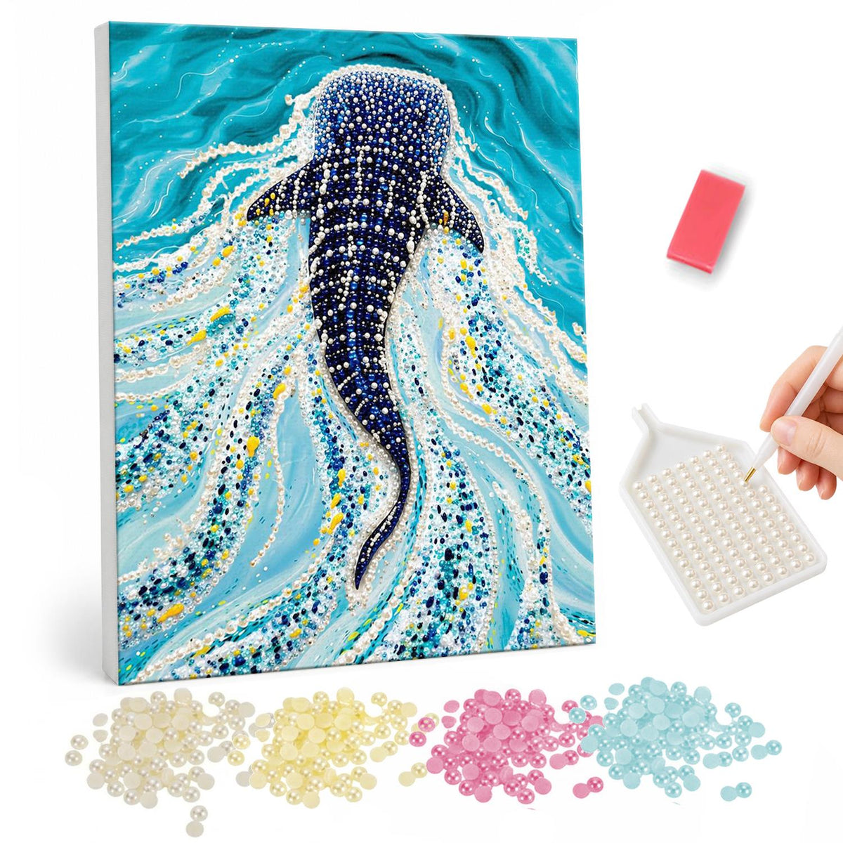 Whale Shark in Turquoise Currents pearl painting – Spotted whale shark swimming through swirling turquoise and white water