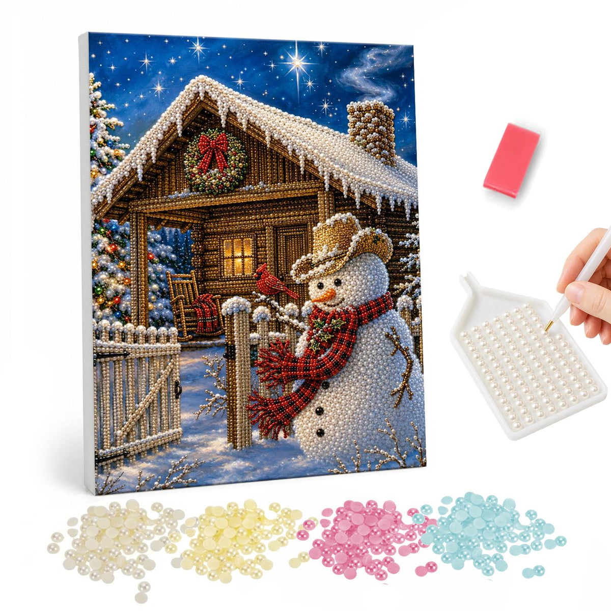 Snowman at the Log Cabin Gate pearl painting – Snowman in a hat and plaid scarf at the picket gate of a wreathed log cabin under a starry sky