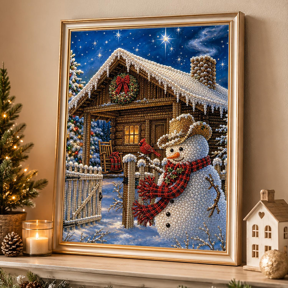 Snowman at the Log Cabin Gate pearl painting – image 4