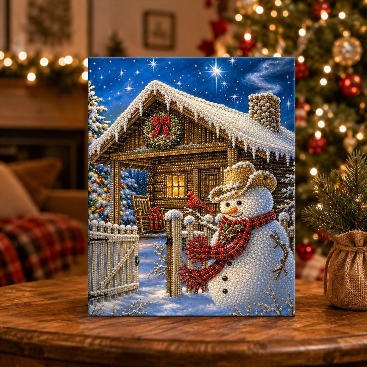 Snowman at the Log Cabin Gate pearl painting – image 5