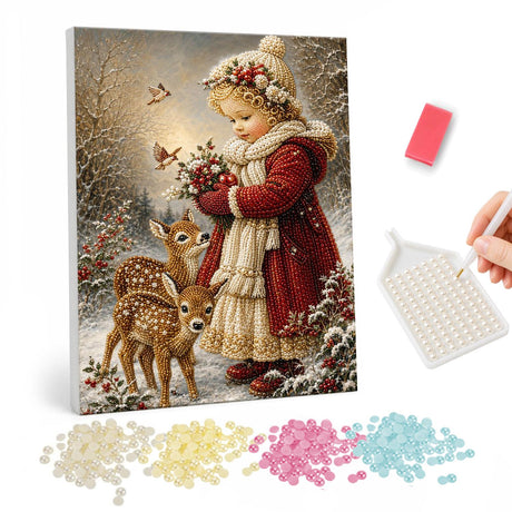 Red-Coat Girl with Two Fawns pearl painting – Little girl in a red coat and knit hat holding berries, two spotted fawns beside her in snowy woods