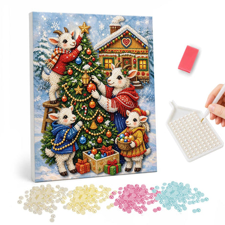 Woolly Helpers Around the Tree pearl painting – Lambs in scarves and capes decorating a Christmas tree beside a log cabin under a blue snowy sky