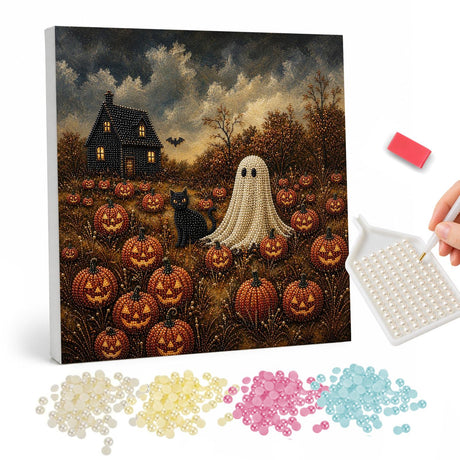 Ghost in the Jack-O'-Lantern Patch pearl painting – Sheet ghost and black cat standing in a field of carved pumpkins before a dark farmhouse at dusk